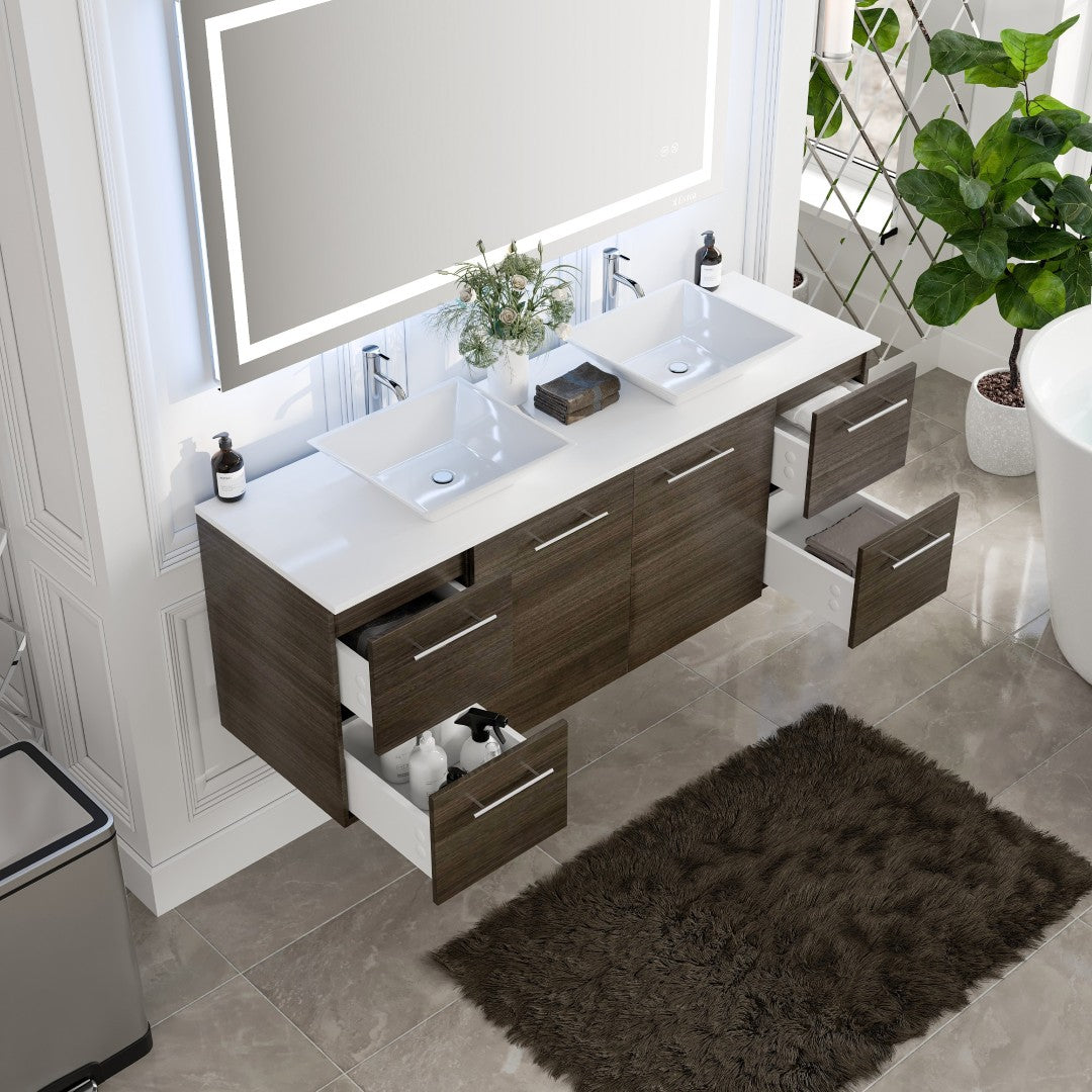 Luxurious 60 in. Gray Oak Wall Mount Double Sink Bath Vanity with White Quartz Top and Vessel Porcelain Sinks