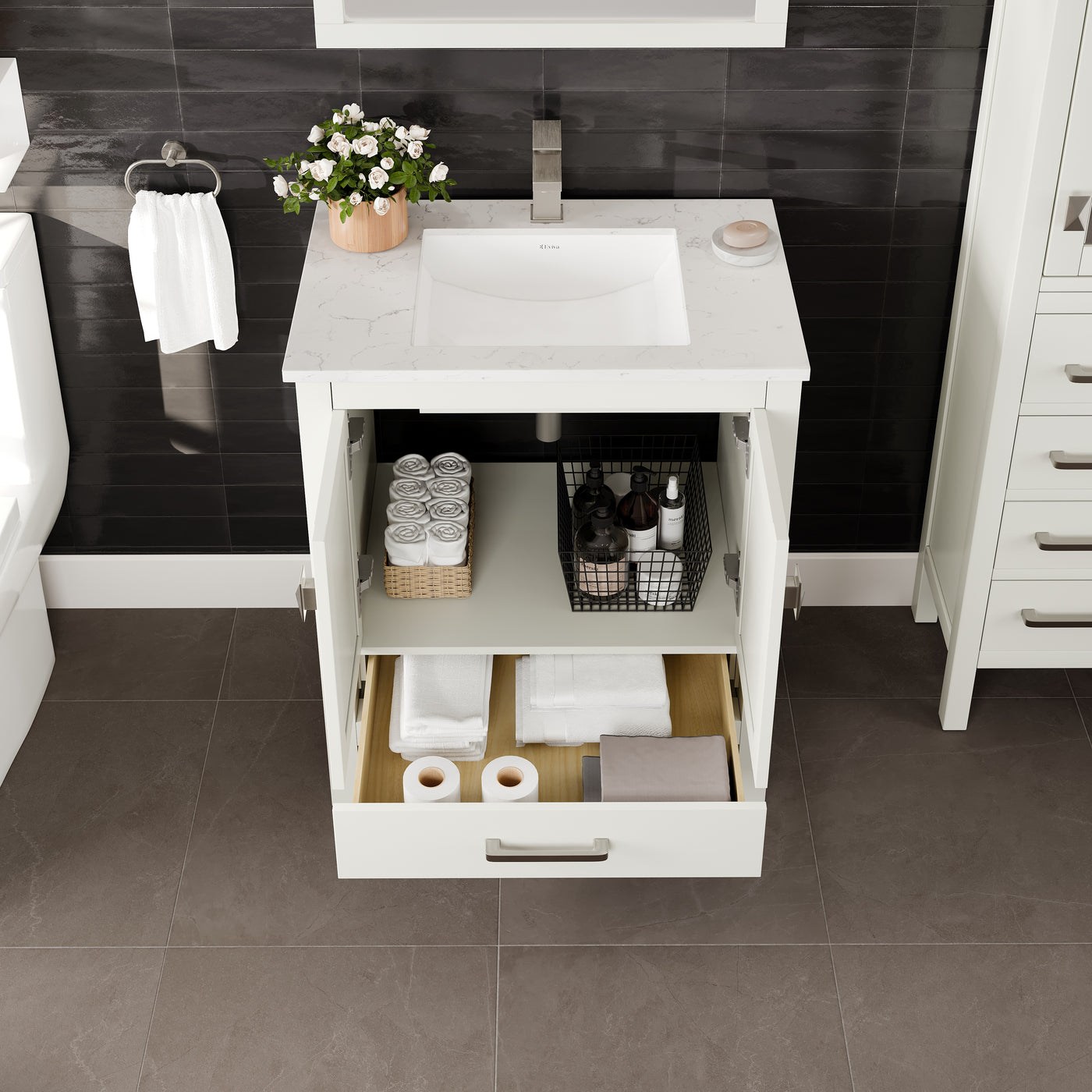 London 30"W x 18"D White Bathroom Vanity with White Carrara Quartz Countertop and Undermount Porcelain Sink