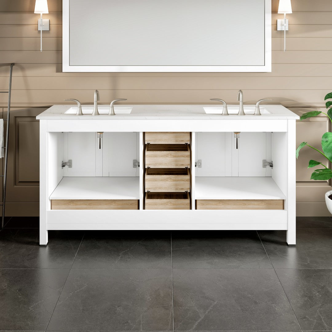 Aberdeen 78 in. White Double Sink  Bath Vanity with Carrara Quartz Top and Undermount Porcelain Sinks