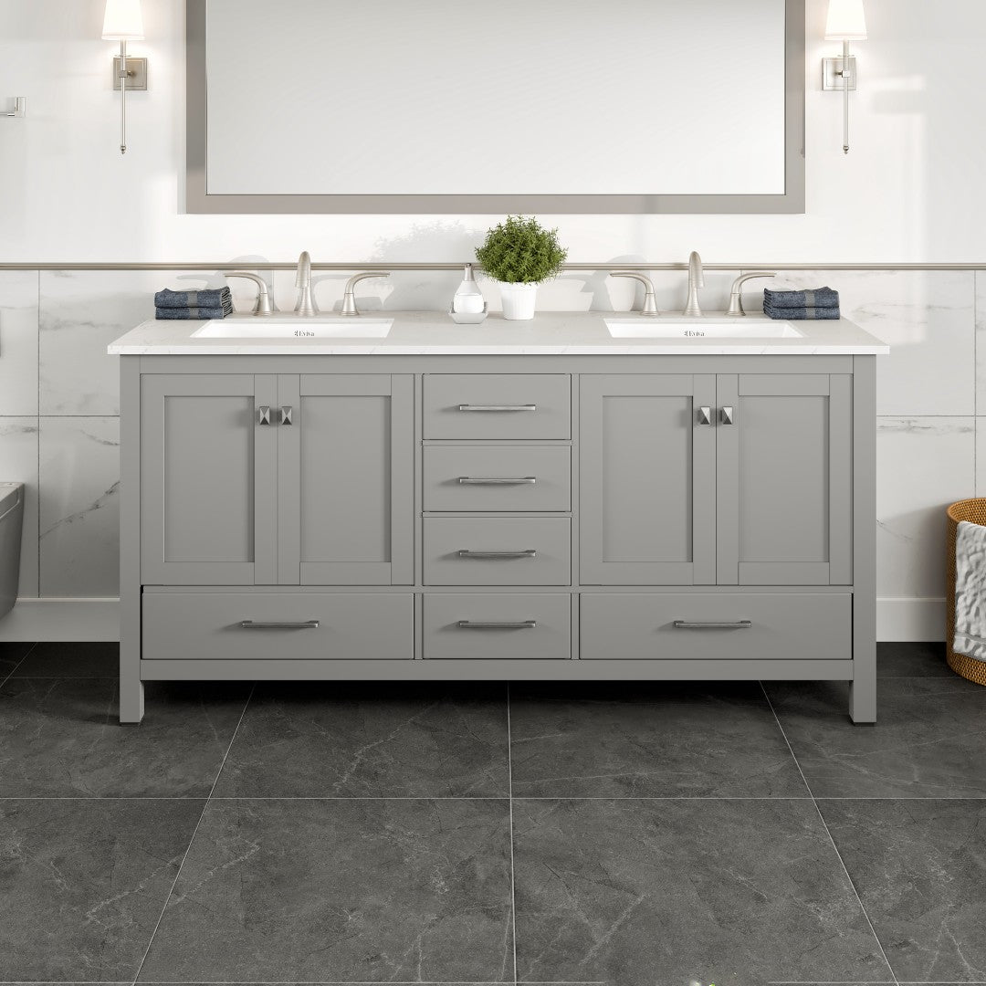 Aberdeen 72 in. Gray Double Sink  Bath Vanity with Carrara Quartz Top and Undermount Porcelain Sinks