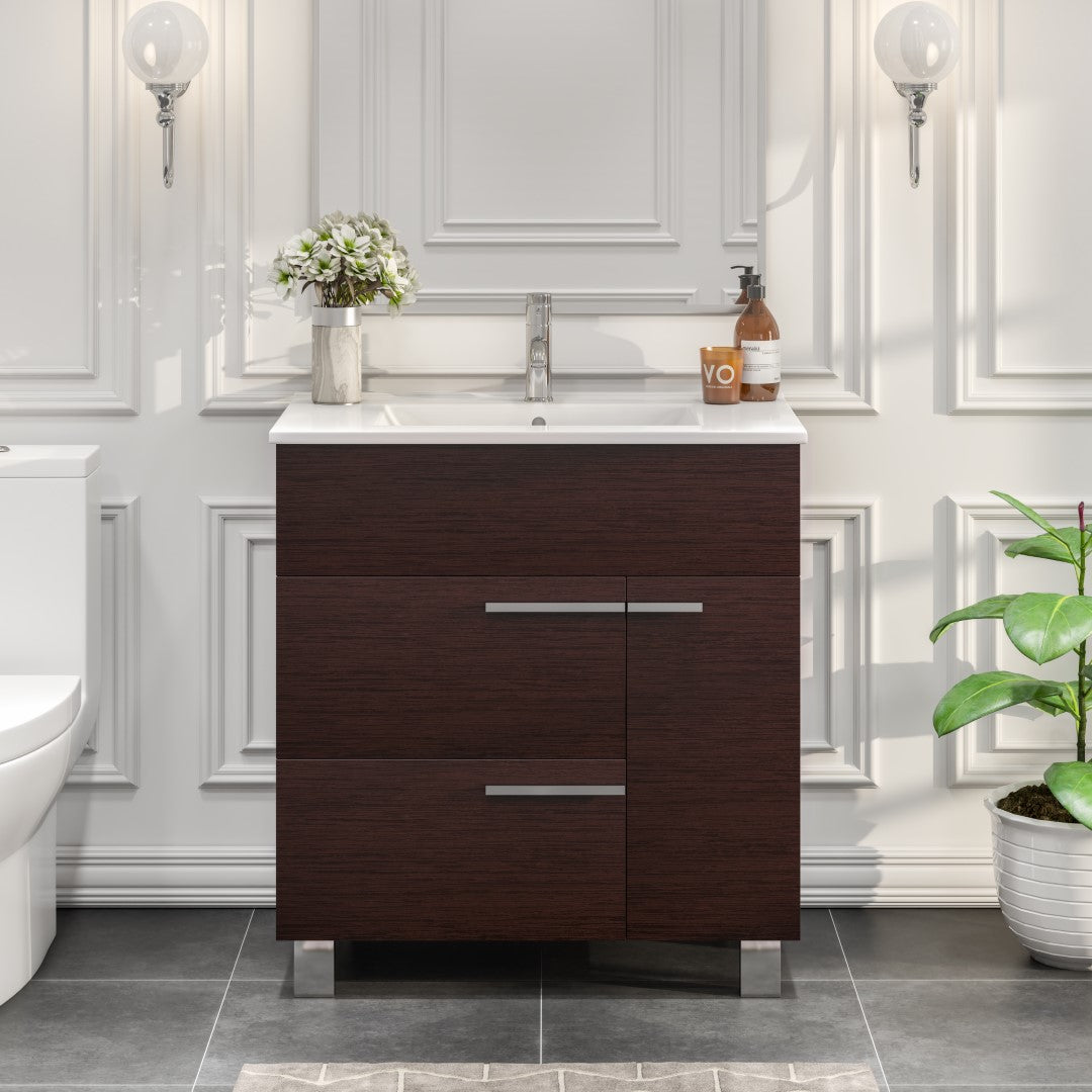 Cup 24"W x 19"D Wenge Bathroom Vanity with White Porcelain Countertop and Integrated Sink