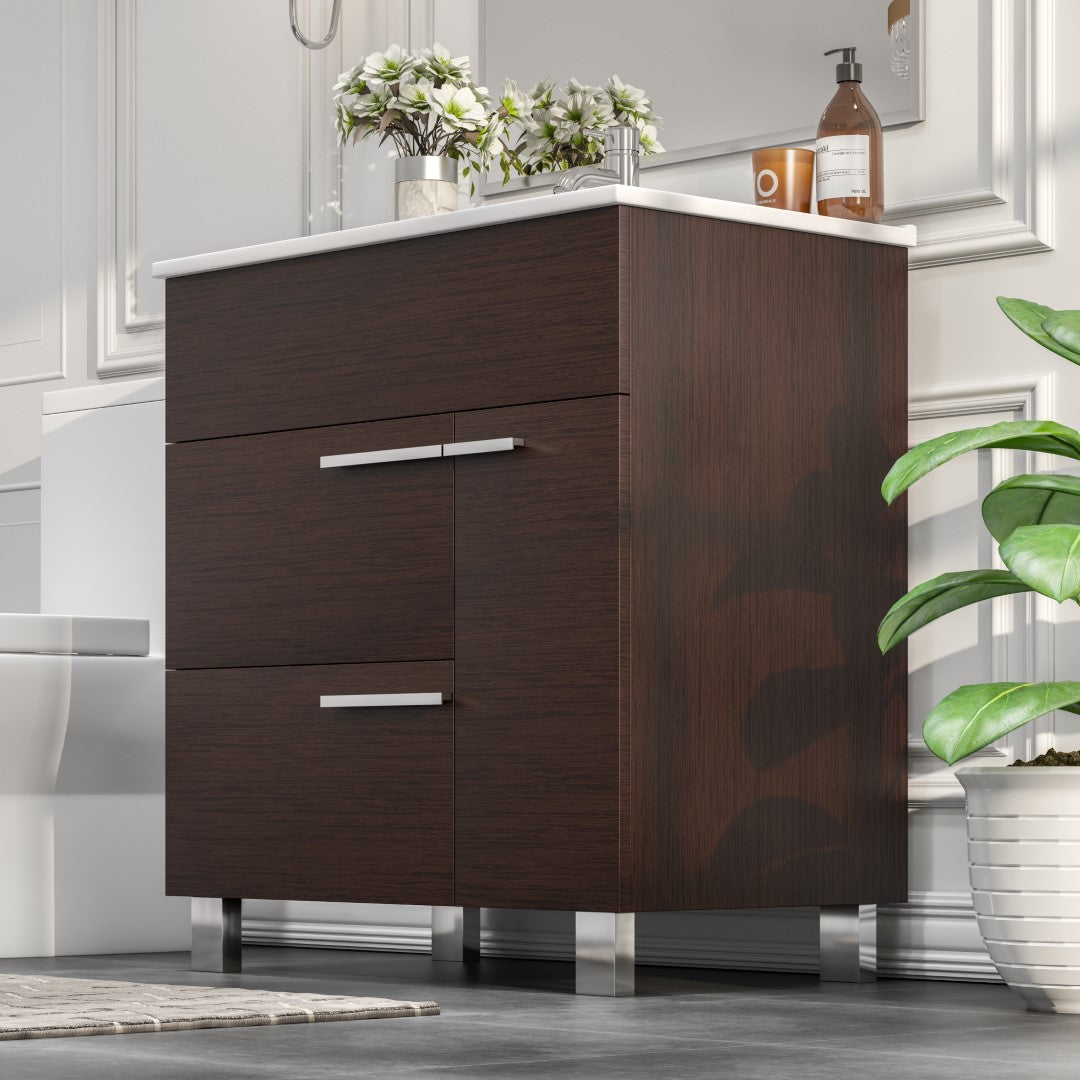 Cup 24"W x 19"D Wenge Bathroom Vanity with White Porcelain Countertop and Integrated Sink