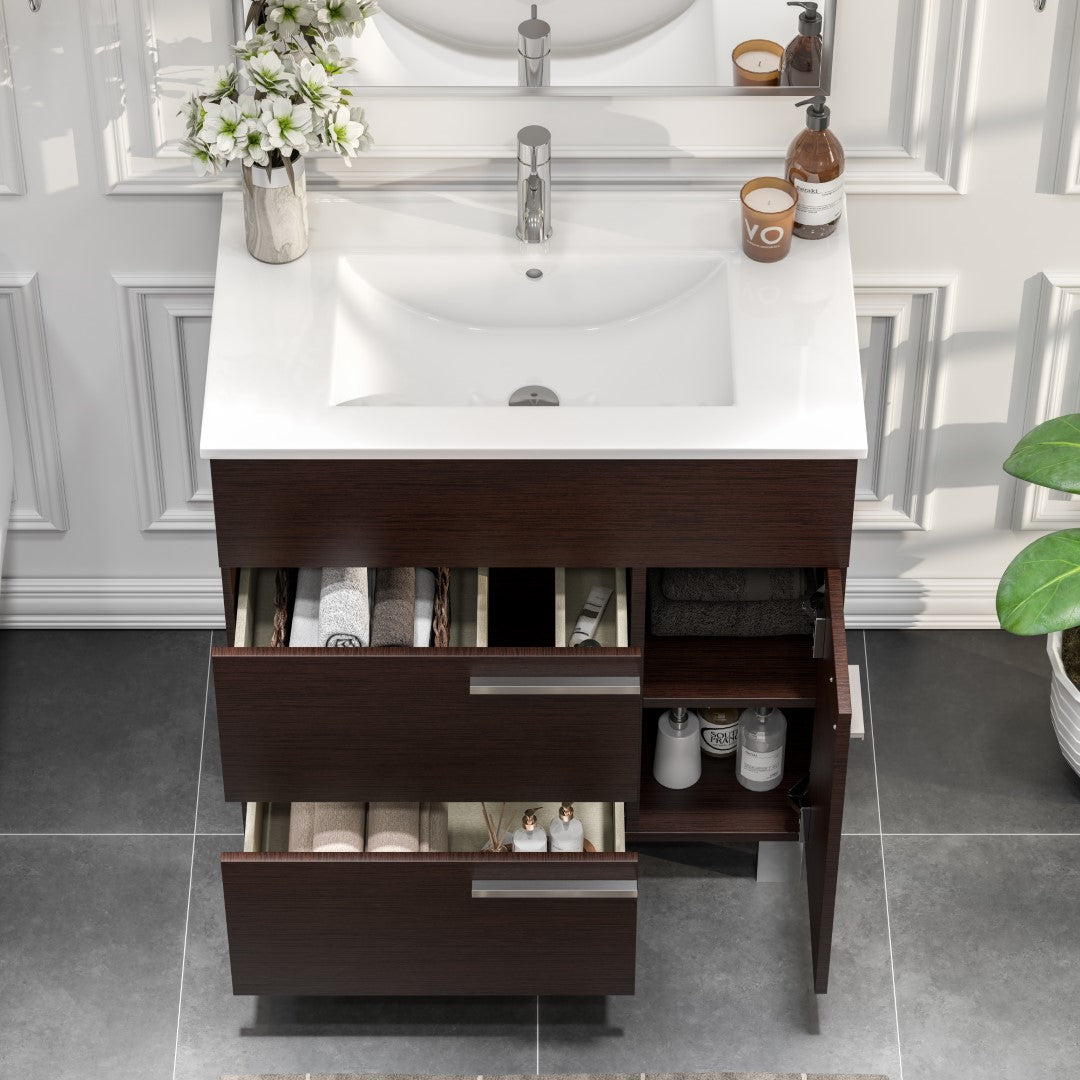 Cup 24"W x 19"D Wenge Bathroom Vanity with White Porcelain Countertop and Integrated Sink