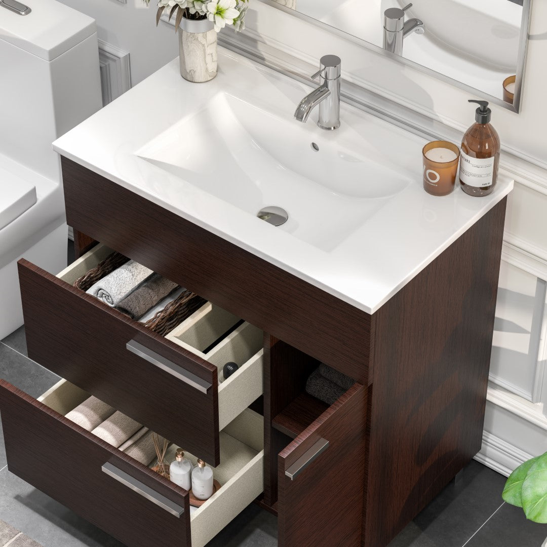 Cup 24"W x 19"D Wenge Bathroom Vanity with White Porcelain Countertop and Integrated Sink