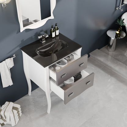 Aranjuez 24 in. White & Silver Single Sink Bath Vanity with Tempered Glass Top and Integrated Sink