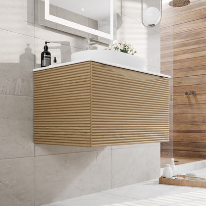 Leah 32 in. Medium Oak Wall Mount Single Sink Bath Vanity with Solid Surface Top and Vessel Solid Surface Sink - Bathroom Vanity by Eviva