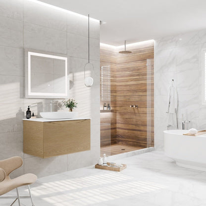 Leah 32 in. Medium Oak Wall Mount Single Sink Bath Vanity with Solid Surface Top and Vessel Solid Surface Sink - Bathroom Vanity by Eviva