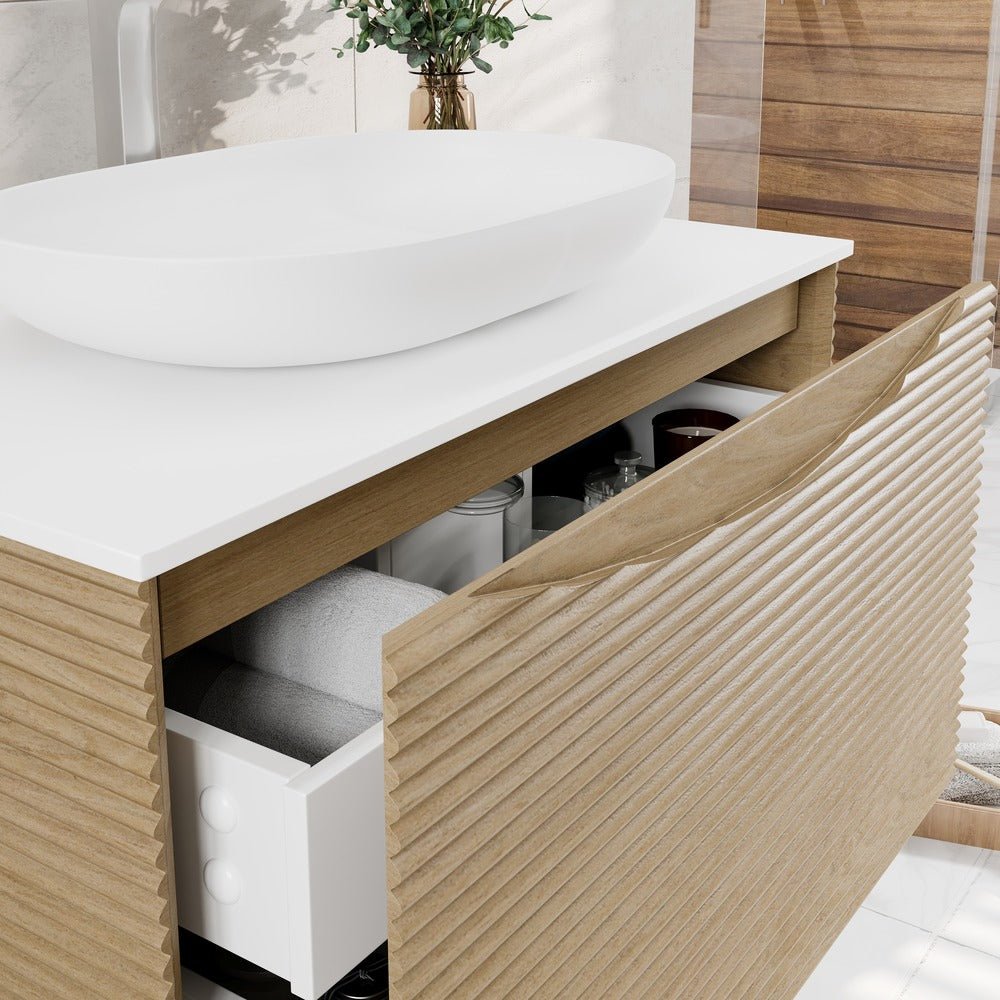 Leah 32 in. Medium Oak Wall Mount Single Sink Bath Vanity with Solid Surface Top and Vessel Solid Surface Sink - Bathroom Vanity by Eviva