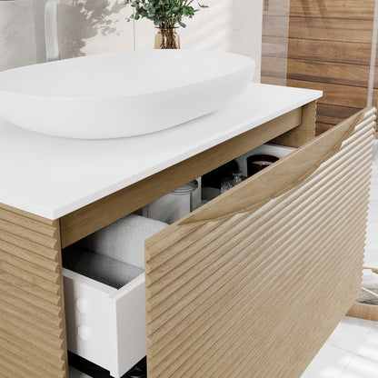 Leah 32 in. Medium Oak Wall Mount Single Sink Bath Vanity with Solid Surface Top and Vessel Solid Surface Sink - Bathroom Vanity by Eviva