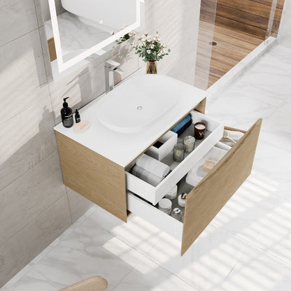 Leah 32 in. Medium Oak Wall Mount Single Sink Bath Vanity with Solid Surface Top and Vessel Solid Surface Sink - Bathroom Vanity by Eviva