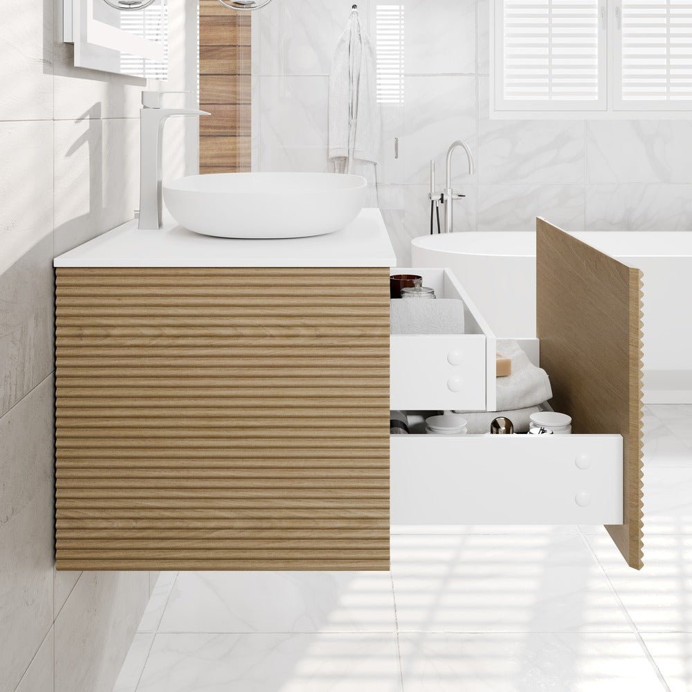 Leah 32 in. Medium Oak Wall Mount Single Sink Bath Vanity with Solid Surface Top and Vessel Solid Surface Sink - Bathroom Vanity by Eviva