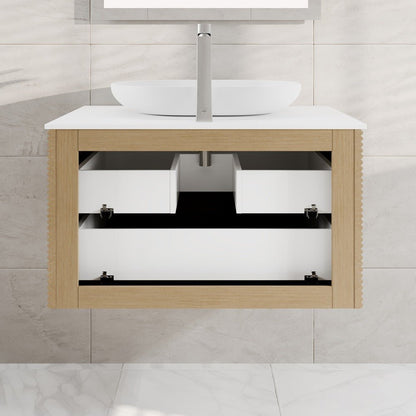 Leah 32 in. Medium Oak Wall Mount Single Sink Bath Vanity with Solid Surface Top and Vessel Solid Surface Sink - Bathroom Vanity by Eviva