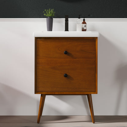 Caramel 24 in. Teak Single Sink Bath Vanity with Porcelain Top and Integrated Sink