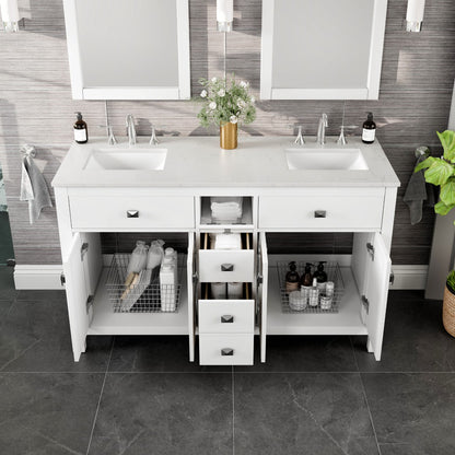 Memphis 60 in. White Double Sink  Bath Vanity with Carrara Quartz Top and Undermount Porcelain Sinks