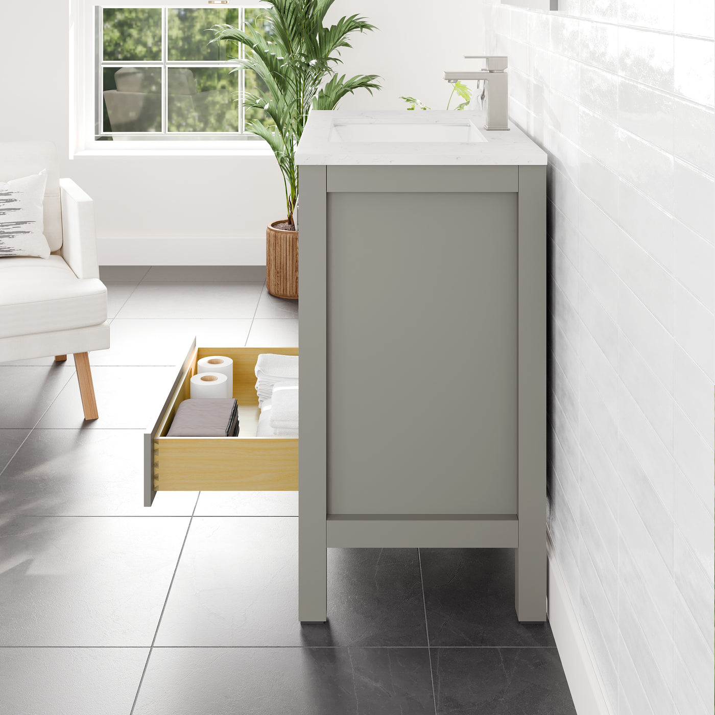 London 30"W x 18"D Gray Bathroom Vanity with White Carrara Quartz Countertop and Undermount Porcelain Sink