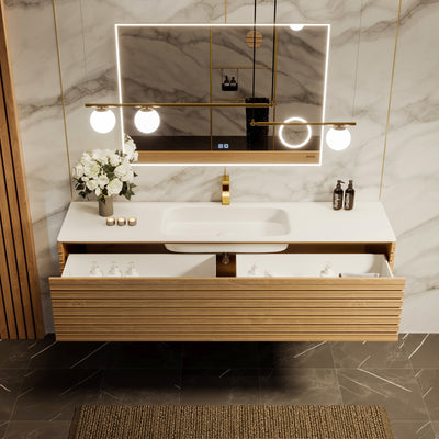 Eviva Allure 55"W x 20"D Oak Wall Mount Bathroom Vanity with White Solid Surface Countertop and Integrated Sink