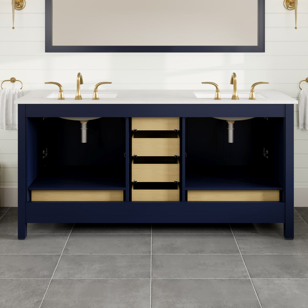Aberdeen 78 in. Blue Double Sink  Bath Vanity with Carrara Quartz Top and Undermount Porcelain Sinks