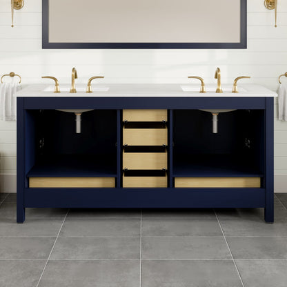 Aberdeen 78 in. Blue Double Sink  Bath Vanity with Carrara Quartz Top and Undermount Porcelain Sinks