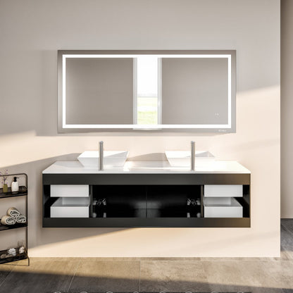 Wave 72 in. Espresso Wall Mount Double Sink  Bath Vanity with White Quartz Top and Vessel Porcelain Sinks