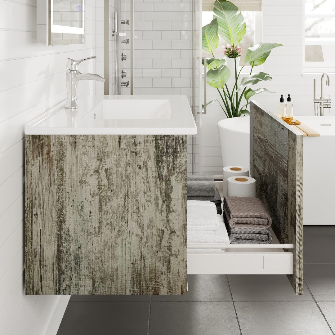 Capri 32 in. Vintage Ash Wall Mount Single Sink Bath Vanity with Porcelain Top and Integrated Sink