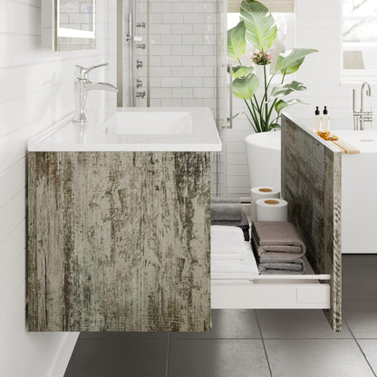 Capri 32 in. Vintage Ash Wall Mount Single Sink Bath Vanity with Porcelain Top and Integrated Sink