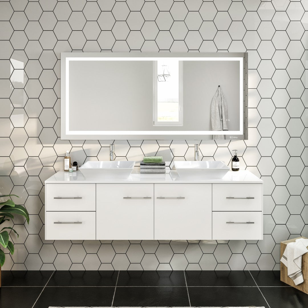 Wave 72 in. White Wall Mount Double Sink  Bath Vanity with White Quartz Top and Vessel Porcelain Sinks