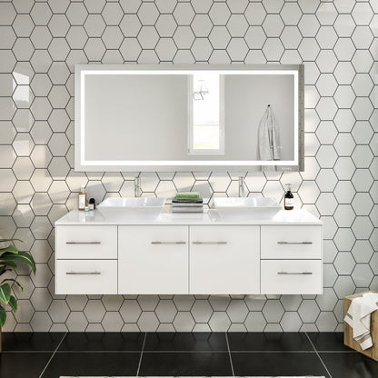 Wave 72 in. White Wall Mount Double Sink  Bath Vanity with White Quartz Top and Vessel Porcelain Sinks