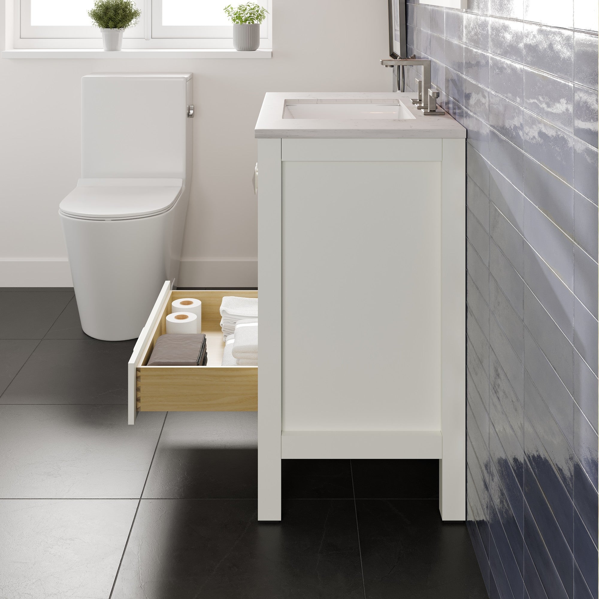 Aberdeen 30 in. White Single Sink Bath Vanity with Carrara Quartz Top and Undermount Porcelain Sink - Bathroom Vanity by Eviva