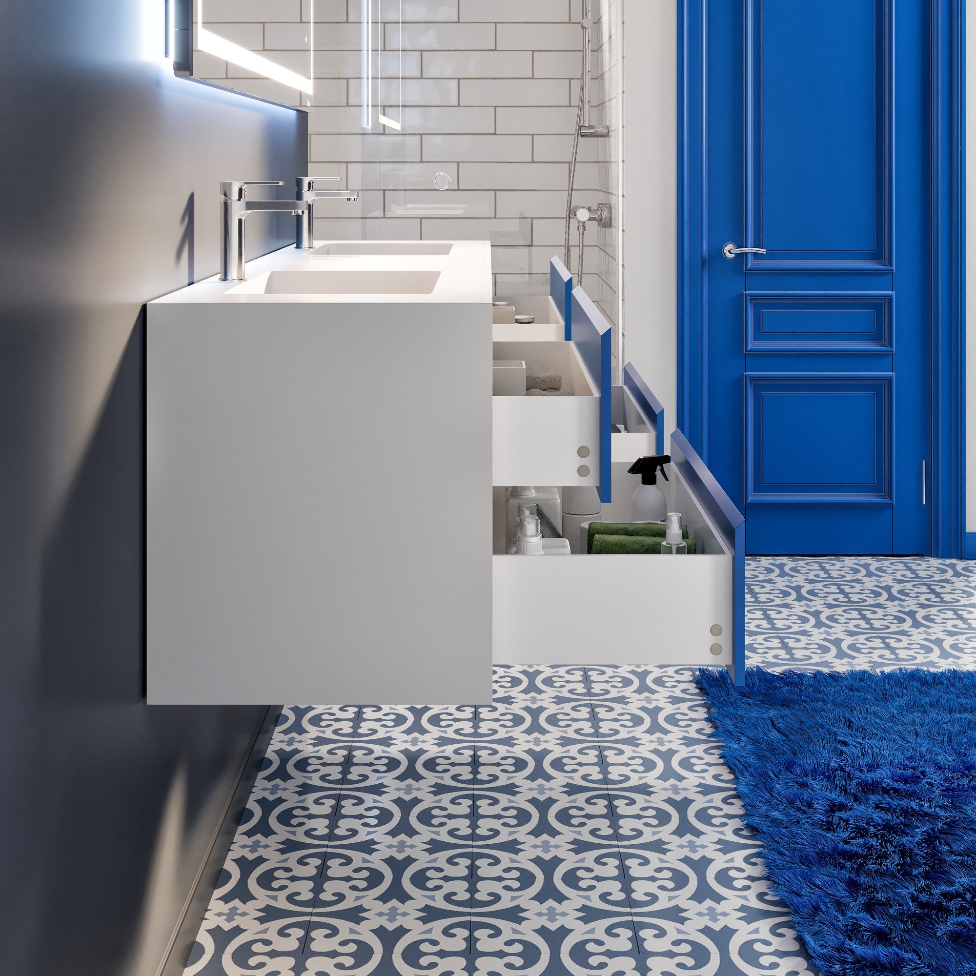 Vienna 75 in. Blue Wall Mount Double Sink Bath Vanity with Acrylic Top and Integrated Sinks