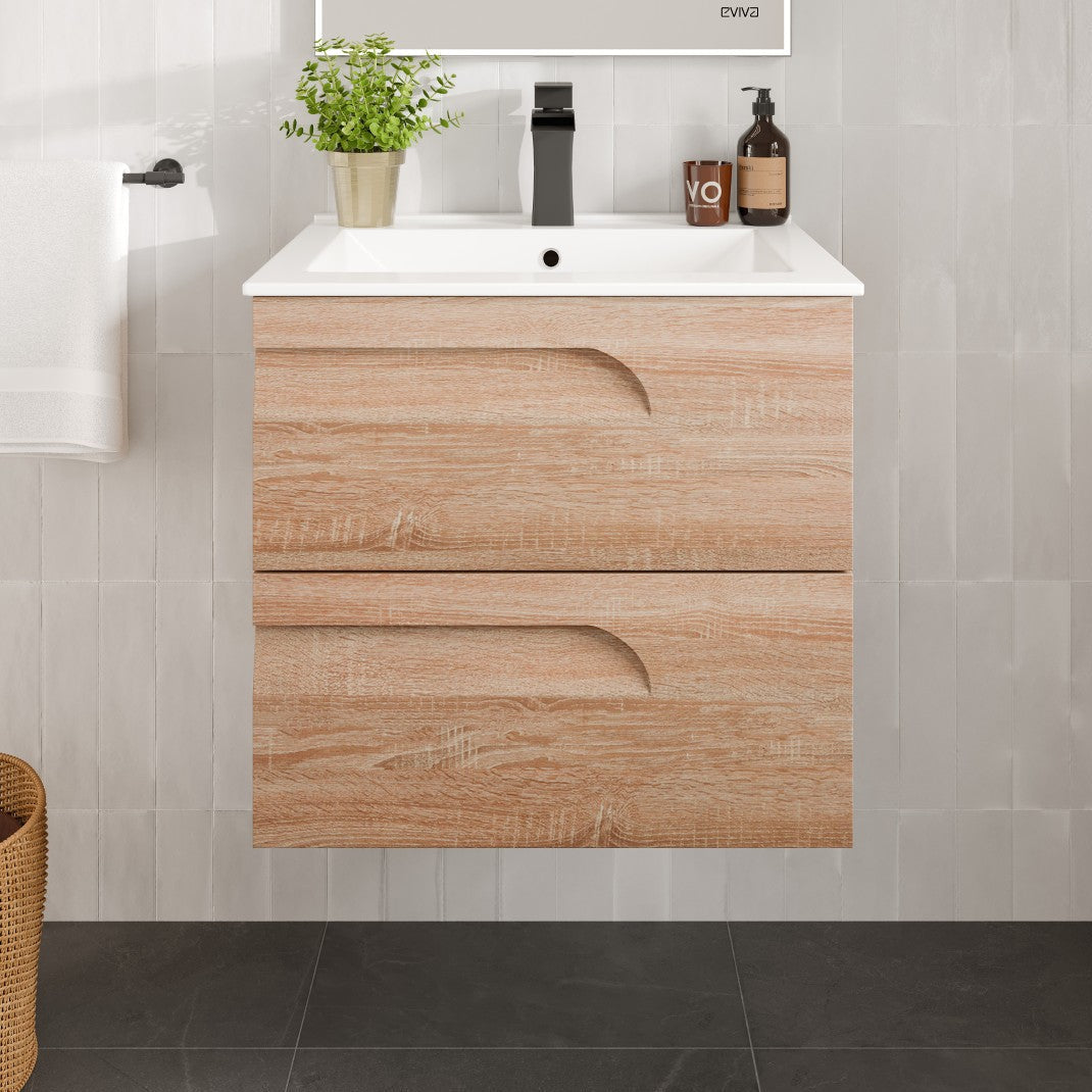 A wall-mounted single sink bathroom vanity with a maple finish and a white porcelain top, featuring integrated sink and pre-drilled single-hole faucet mount.