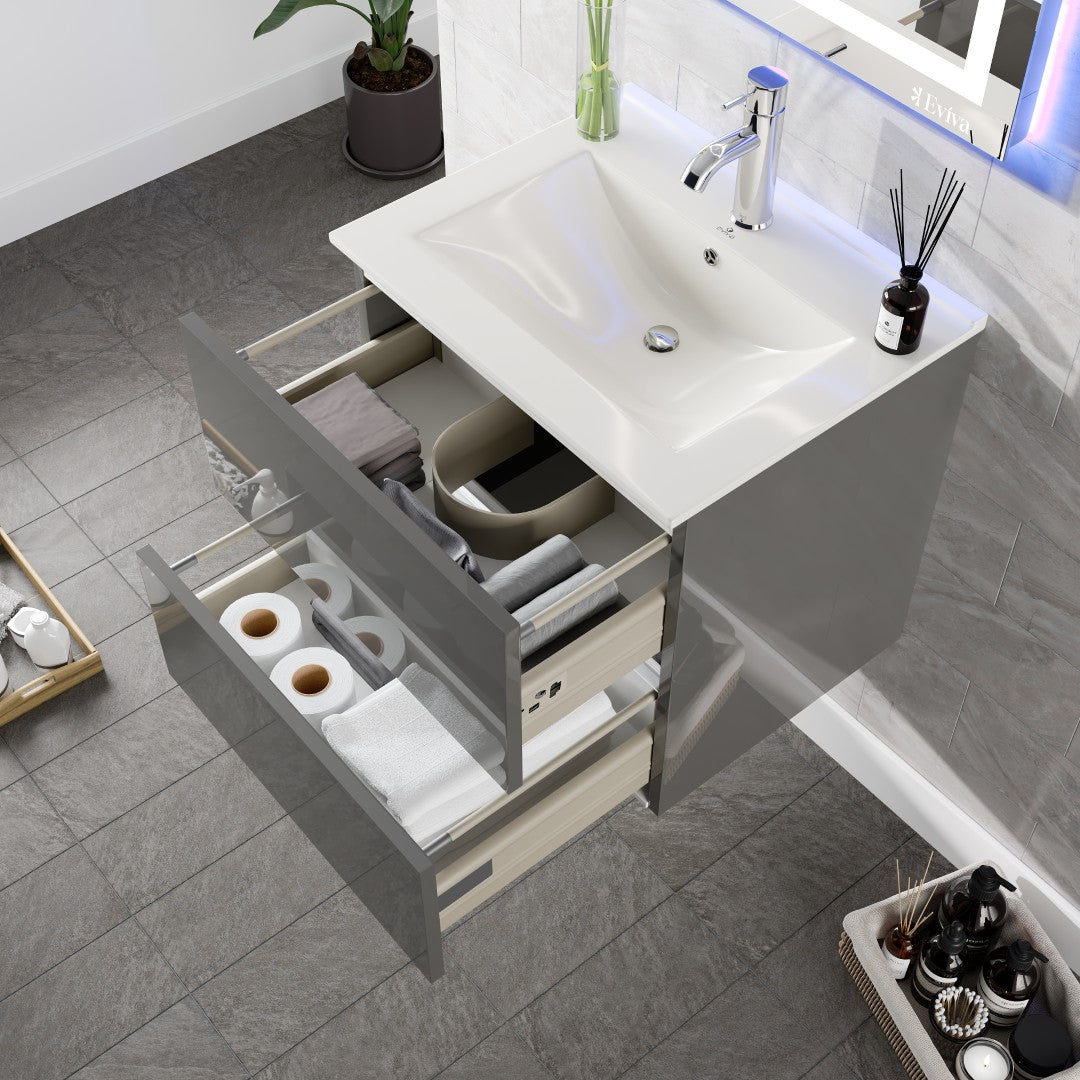 Ikaro 24 in. Gray Wall Mount Single Sink Bath Vanity with Porcelain Top and Integrated Sink