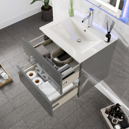 Ikaro 24 in. Gray Wall Mount Single Sink Bath Vanity with Porcelain Top and Integrated Sink