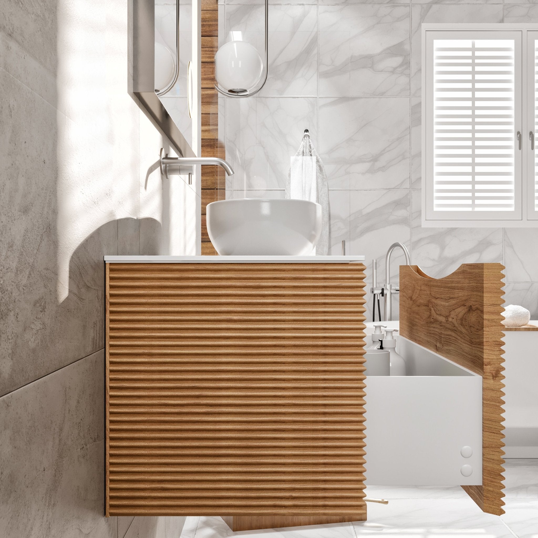 Leah 32 in. Medium Oak Wall Mount Single Sink Bath Vanity with Solid Surface Top and Vessel Solid Surface Sink - Bathroom Vanity by Eviva