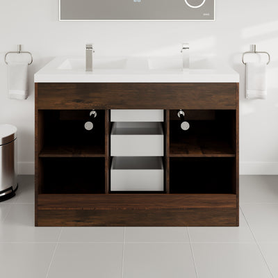 Lugano 48"W x 20"D Rosewood Double Sink Bathroom Vanity with White Acrylic Countertop and Integrated Sinks