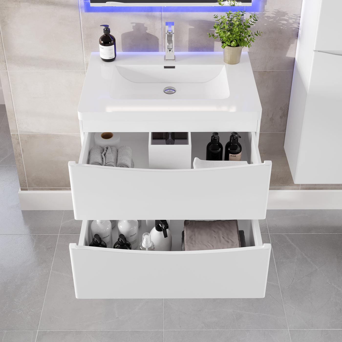 Glazzy 30"W x 19"D White Wall Mount Bathroom Vanity with White Acrylic Countertop and Integrated Sink