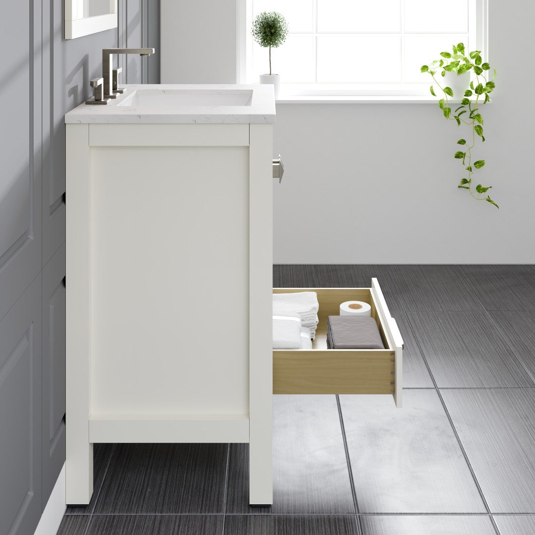 Aberdeen 30 in. White Single Sink Bath Vanity with Carrara Quartz Top and Undermount Porcelain Sink