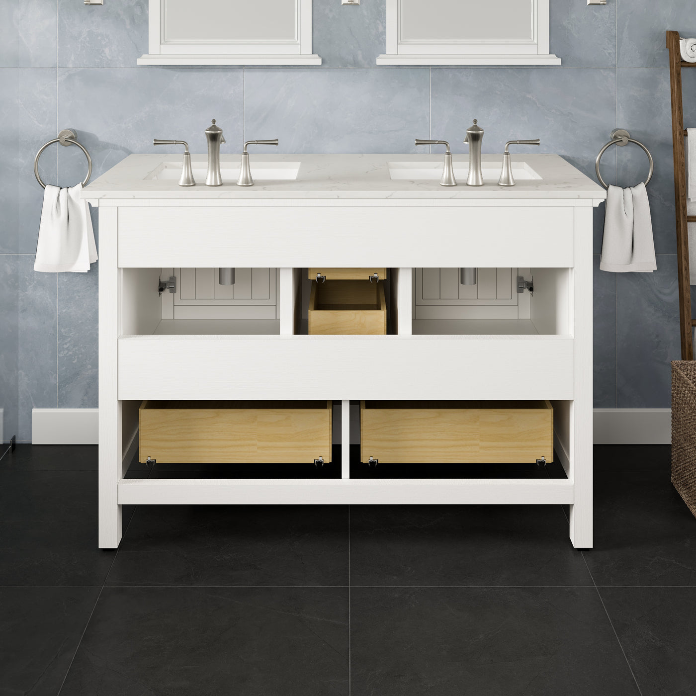 Britney 48"W x 22"D White Double Sink Bathroom Vanity with White Carrara Quartz Countertop and Undermount Porcelain Sinks