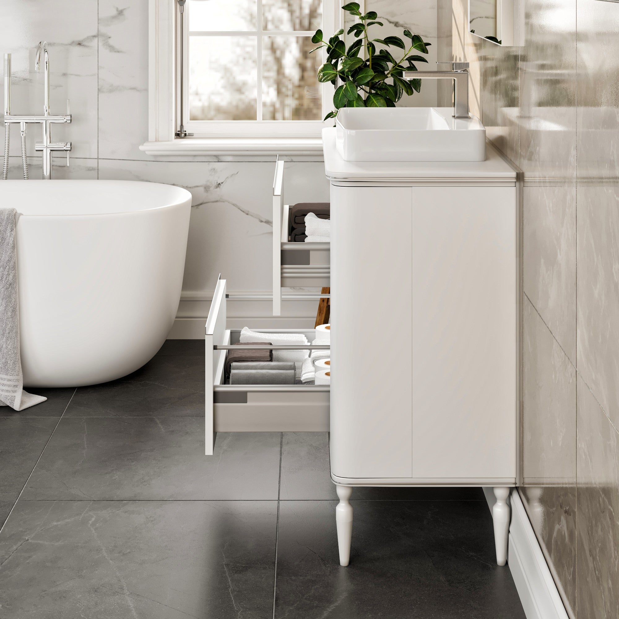 Duva 47 in. White Single Sink Bath Vanity with Engineered Wood Top and Vessel Acrylic Sink