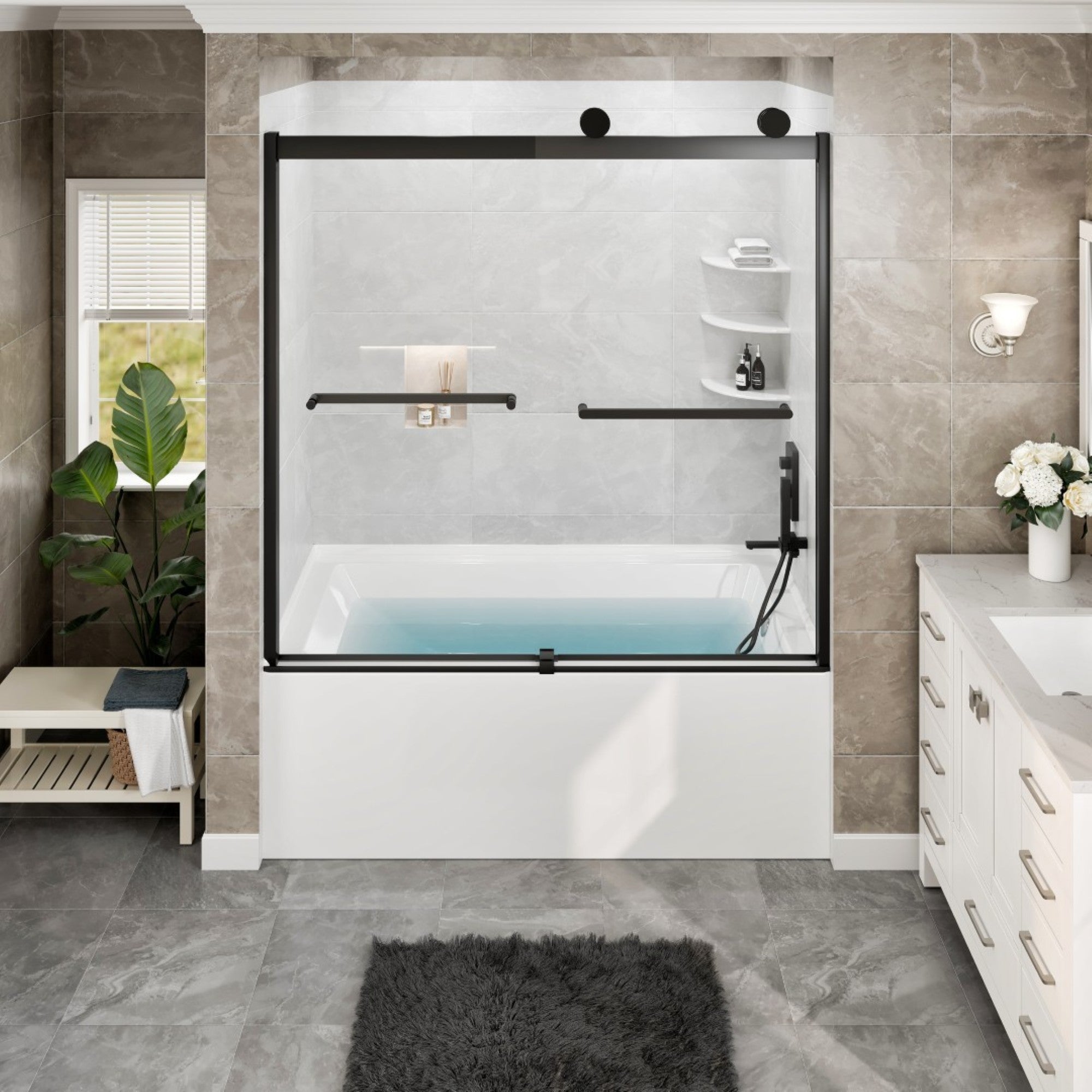 Eviva Luxor 60 in. W x 60 in. H Sliding Frameless Shower Door in Matte Black with Tempered Glass