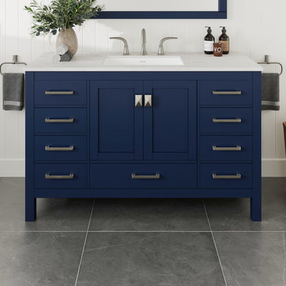 Aberdeen 54 in. Blue Single Sink Bath Vanity with Carrara Quartz Top and Undermount Porcelain Sink