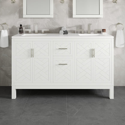 Cambridge 60 in. White Double Sink Bath Vanity with Quartz Top and Undermount Porcelain Sinks