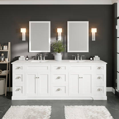 Epic 84 in. White Double Sink  Bath Vanity with Carrara Quartz Top and Undermount Porcelain Sinks
