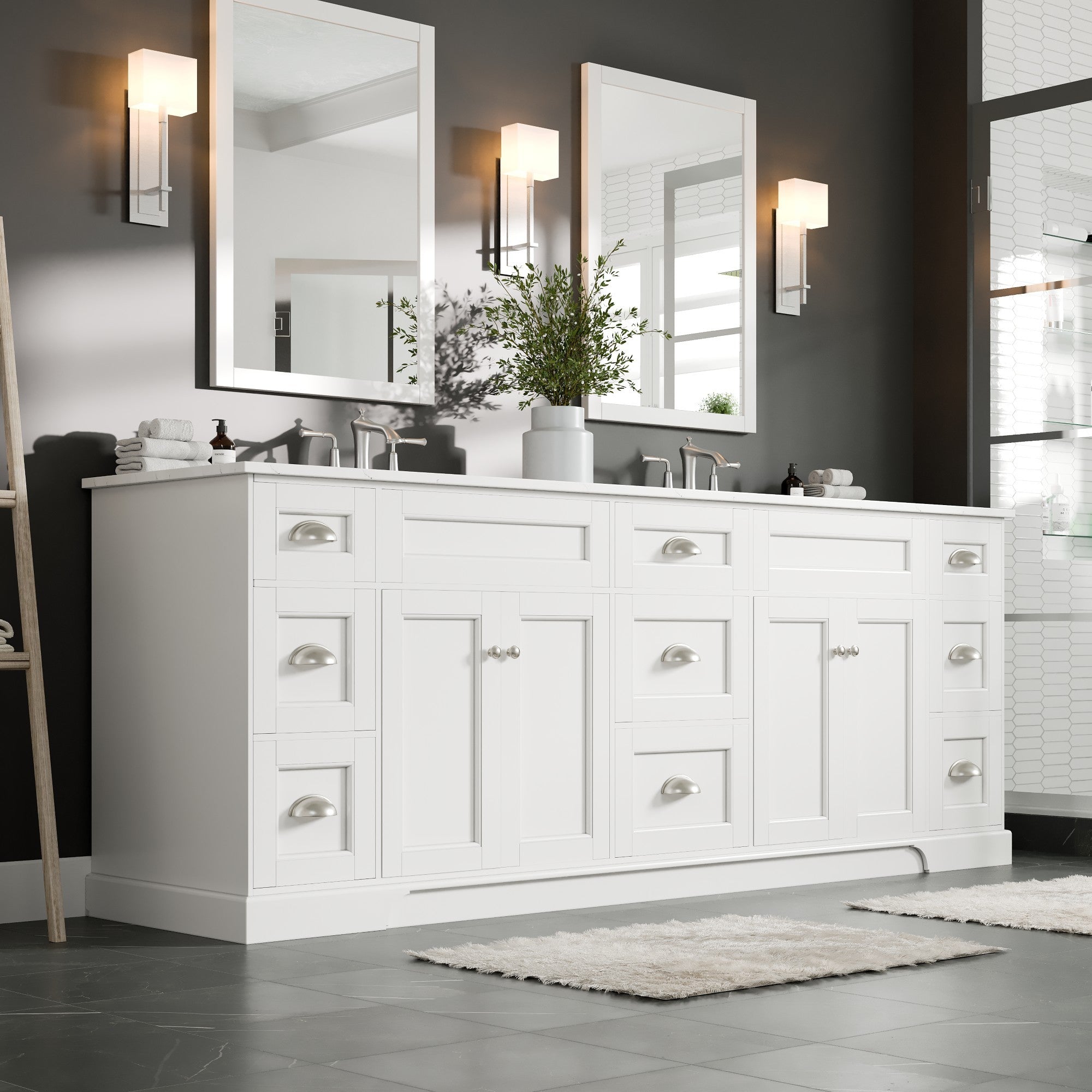 Epic 84 in. White Double Sink  Bath Vanity with Carrara Quartz Top and Undermount Porcelain Sinks