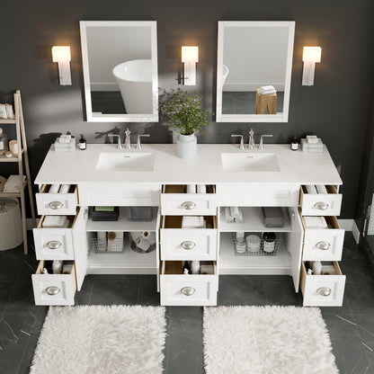 Epic 84 in. White Double Sink  Bath Vanity with Carrara Quartz Top and Undermount Porcelain Sinks