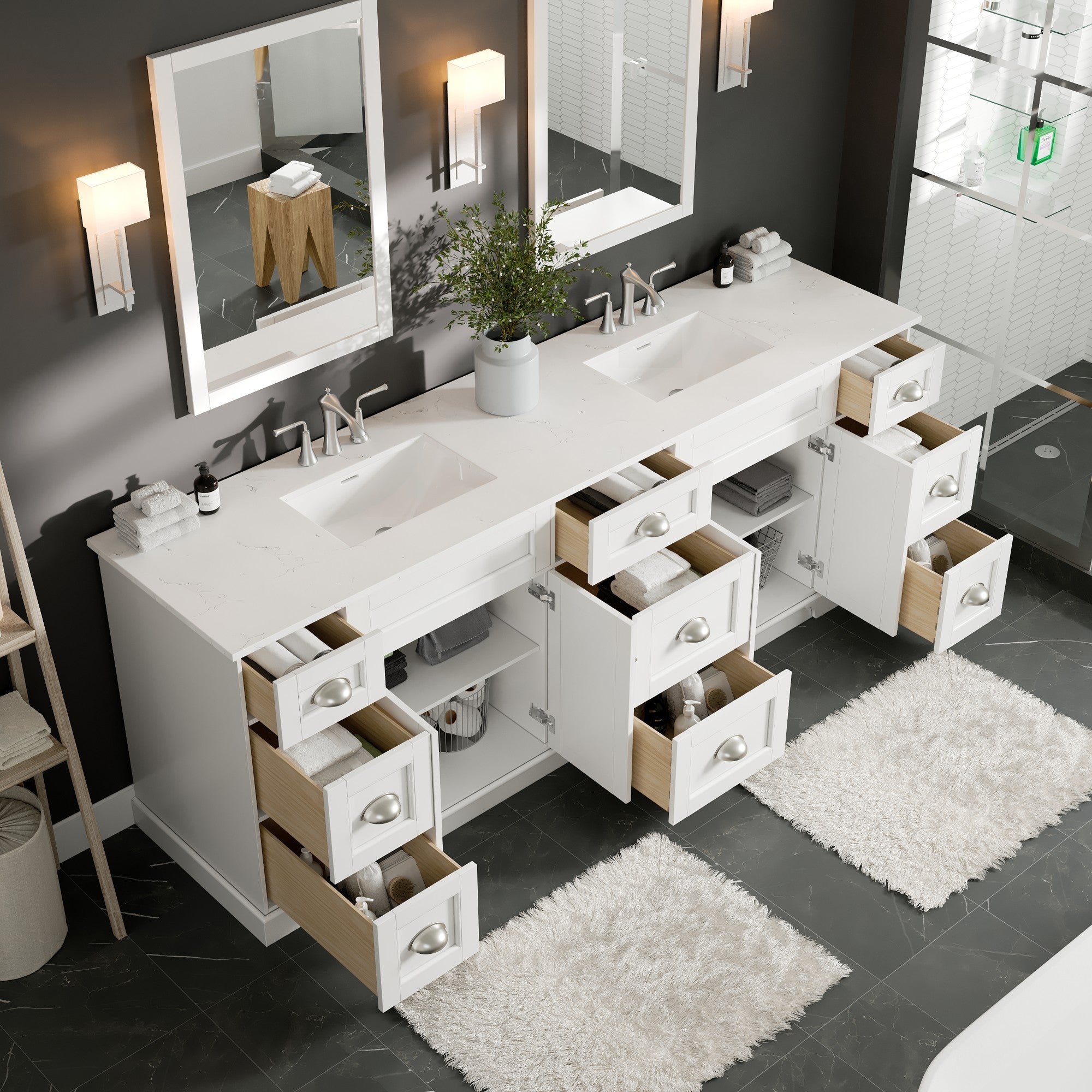 Epic 84 in. White Double Sink  Bath Vanity with Carrara Quartz Top and Undermount Porcelain Sinks