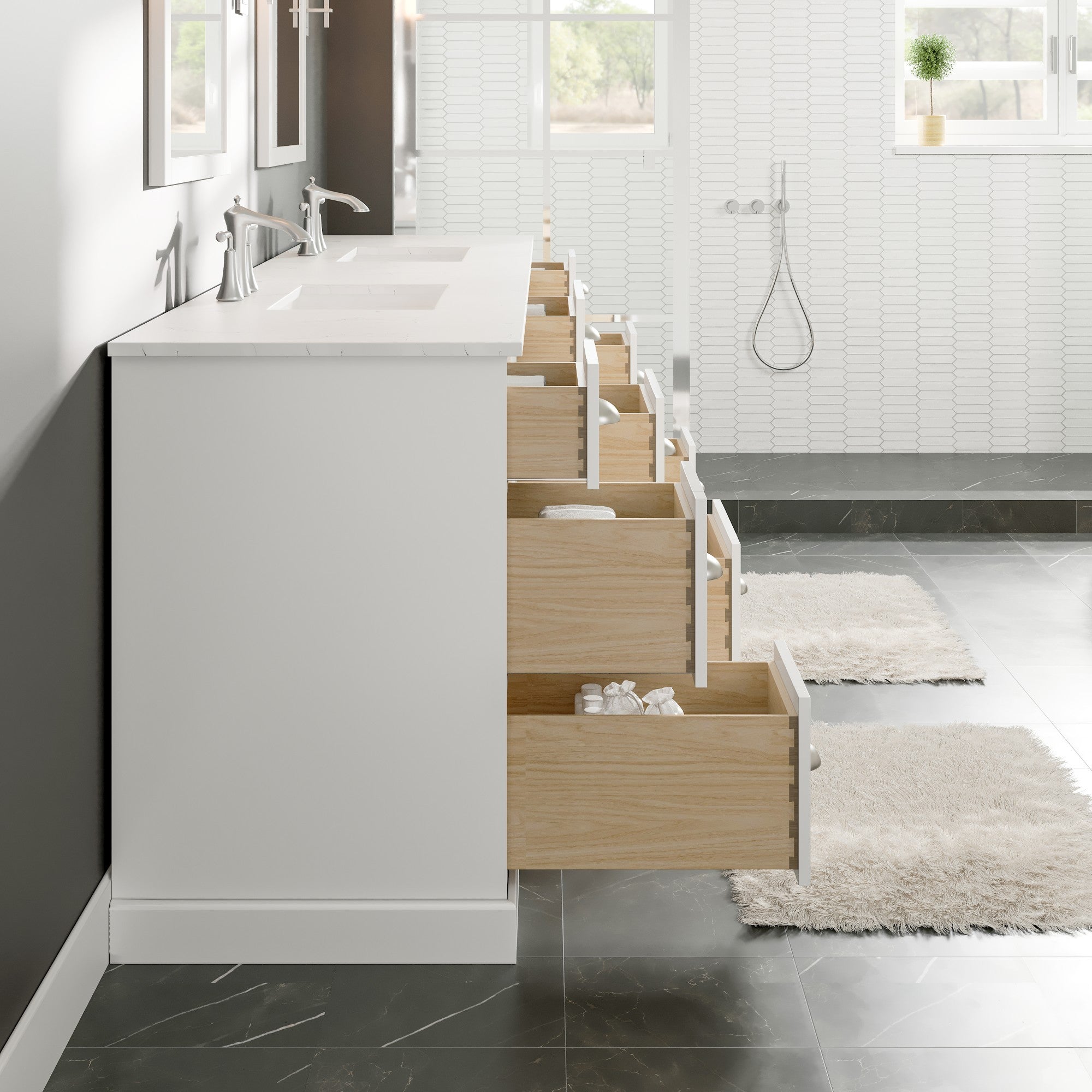 Epic 84 in. White Double Sink  Bath Vanity with Carrara Quartz Top and Undermount Porcelain Sinks