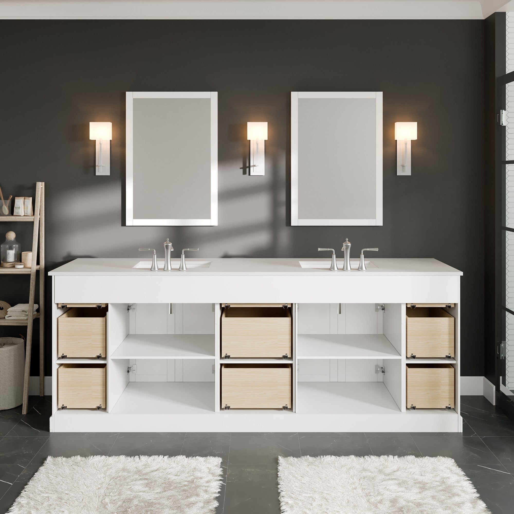 Epic 84 in. White Double Sink  Bath Vanity with Carrara Quartz Top and Undermount Porcelain Sinks