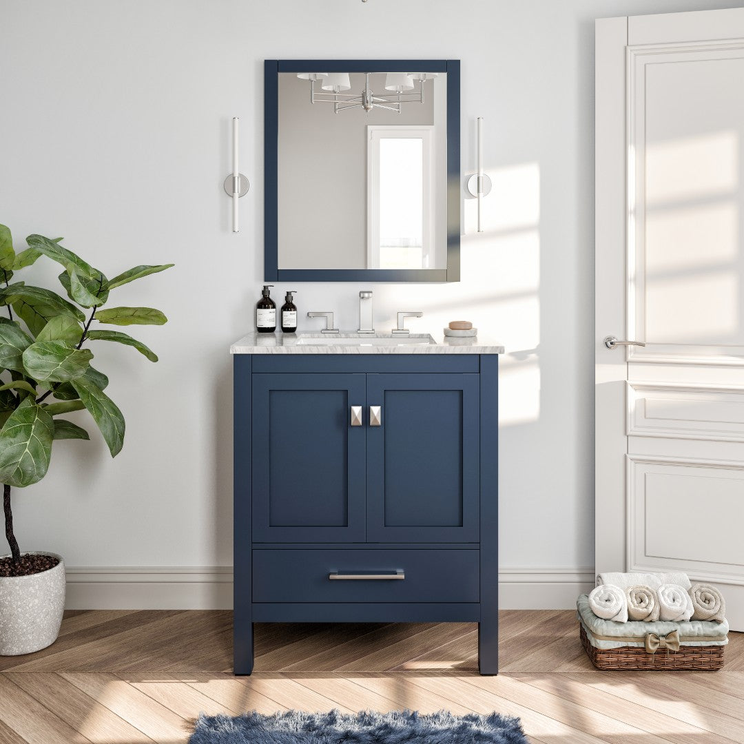 Aberdeen 30 in. Blue Single Sink Bath Vanity with Carrara Marble Top and Undermount Porcelain Sink