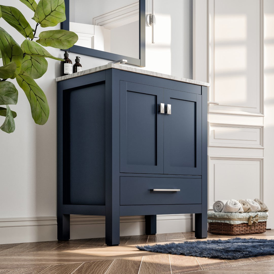 Aberdeen 30 in. Blue Single Sink Bath Vanity with Carrara Marble Top and Undermount Porcelain Sink