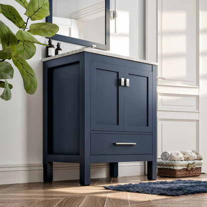 Aberdeen 30 in. Blue Single Sink Bath Vanity with Carrara Marble Top and Undermount Porcelain Sink